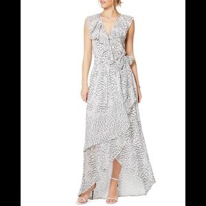 NWT Ramy Brook Wilma Wrap Dress Ruffled Metallic High-Low Printed Silk Maxi